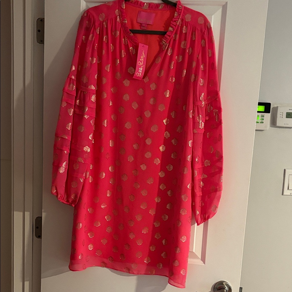 Lilly Pulitzer Giana Silk Coral Dress with Gold Metallic Clip